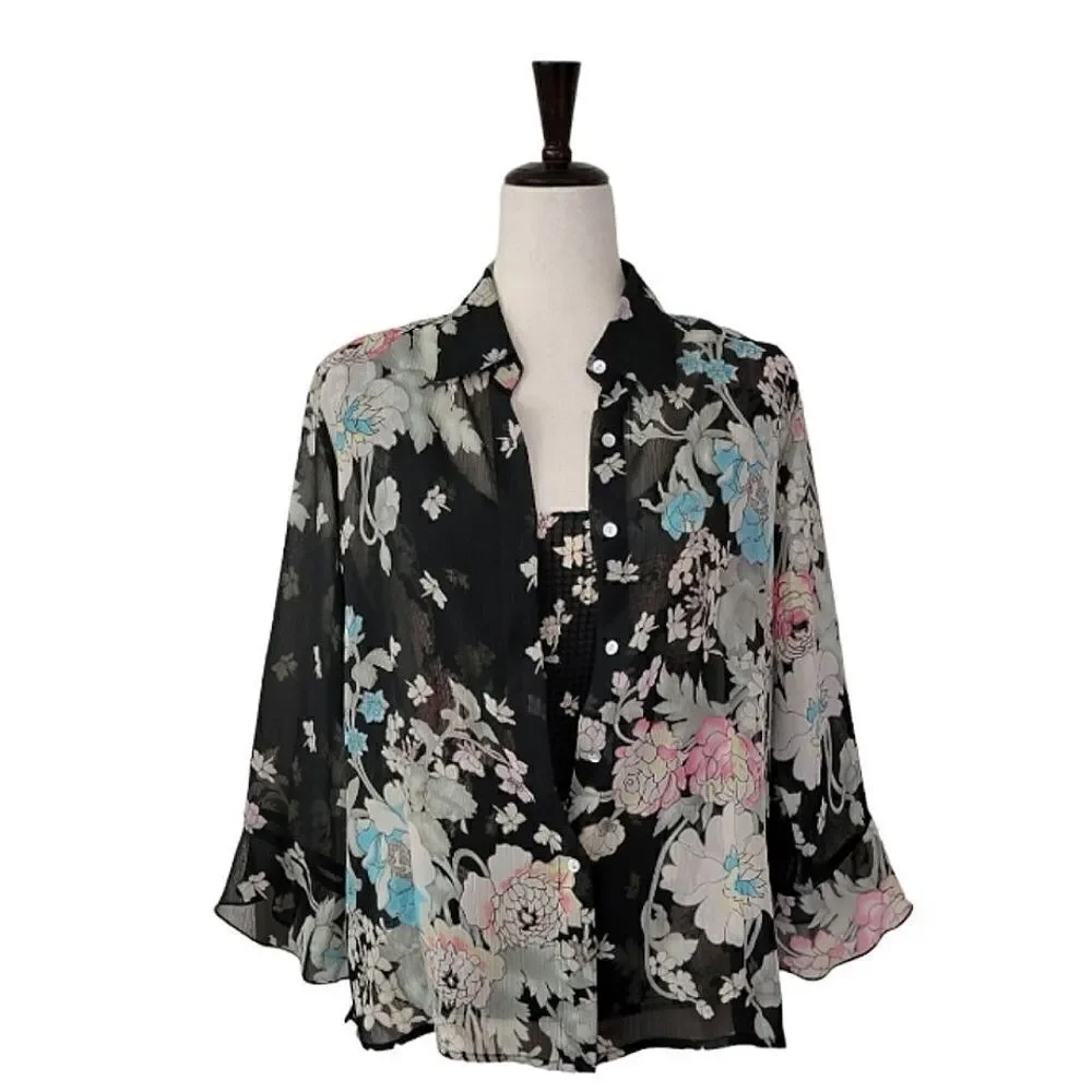 Vintage Nicola Black Floral Sheer Button Down Blouse With Matching Shell Size M - Picture 2 of 9